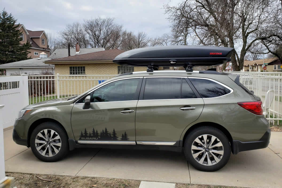 Yakima SkyBox rooftop cargo box mounted for a Davis County road trip